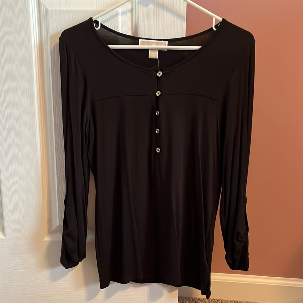 NEW Michael Kors Black Basics Shirt Women’s Size Small Gold Buttons 3/4 Sleeve